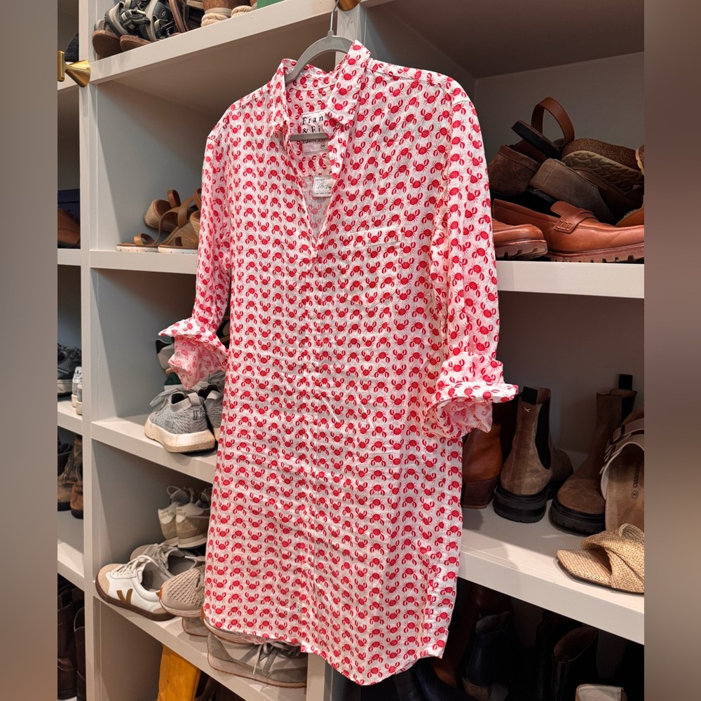 Frank & Eileen classic shirt dress, linen, Red and White crab pattern